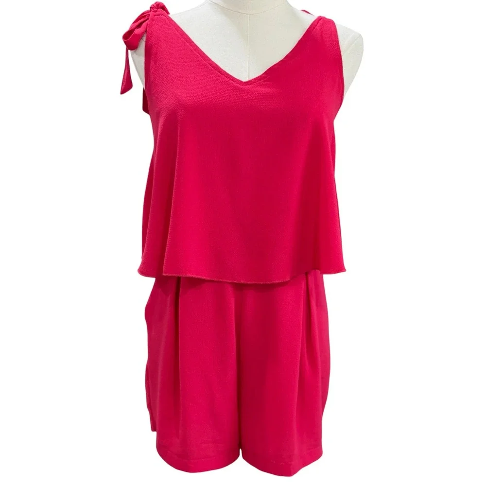 Hot Pink Romper Tie Shoulder Flowy Summer Vacation Resort Barbiecore Chic - Picture 4 of 7